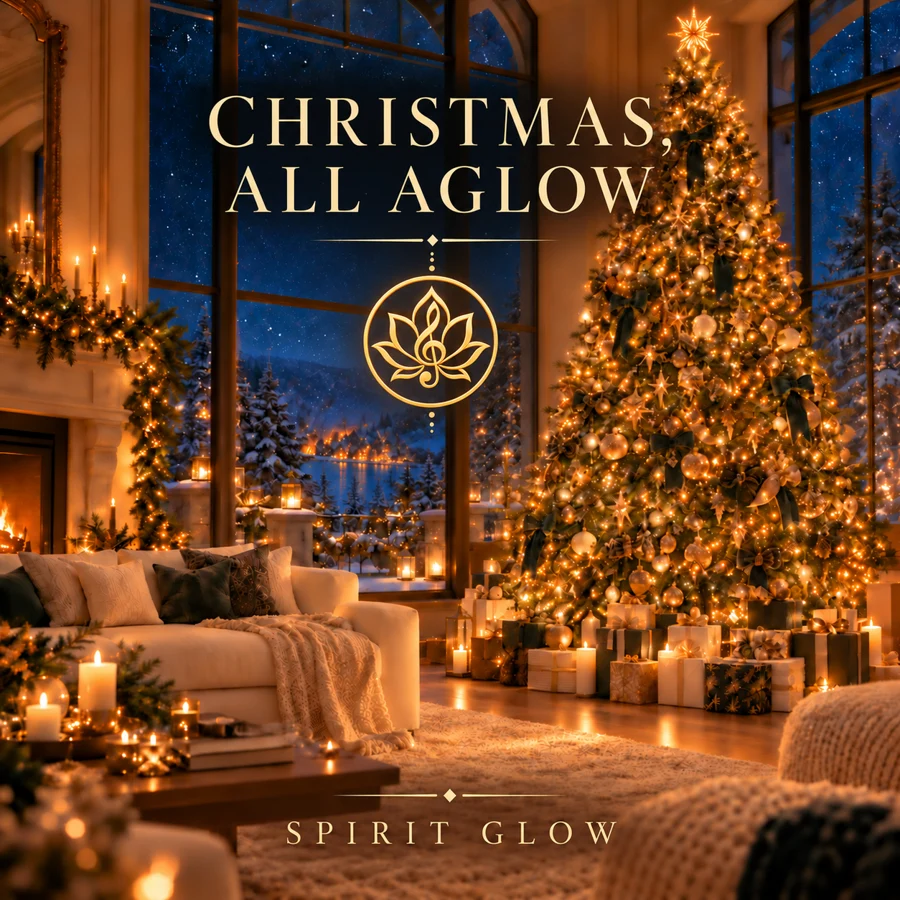 Spirit Glow Albumcover Christmas, All Aglow: Weihnachtsbaum und Lichter in einem gemütlichen Wohnzimmer