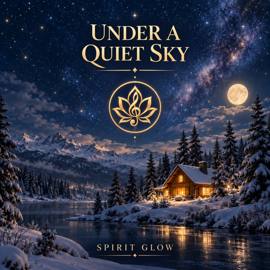 Spirit Glow Albumcover Under a Quiet Sky: beleuchtete Hütte am See unter einem Sternenhimmel